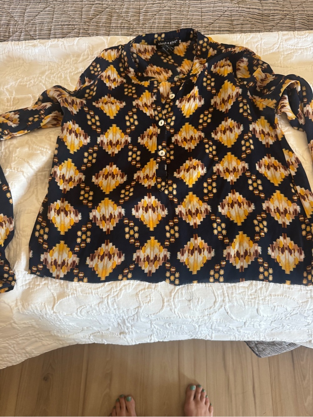 About A Girl Navy Blouse with Mustard & Cream Diamond Print